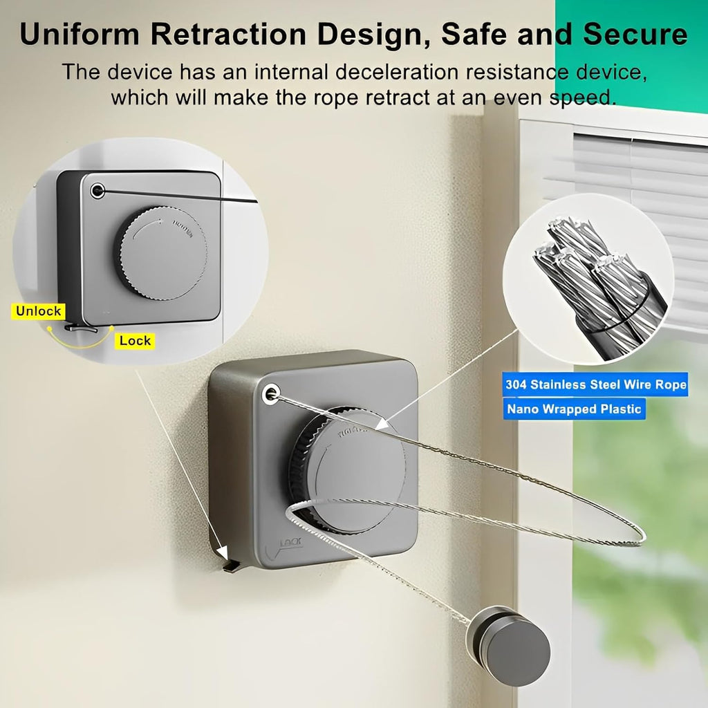 13.8ft(4.2M) Retractable Clothesline, Non-sag Clothesline, Indoor & Outdoor Heavy Duty Retractable Clothesline, Wall Mounted Stainless Steel Washing Line (Black)