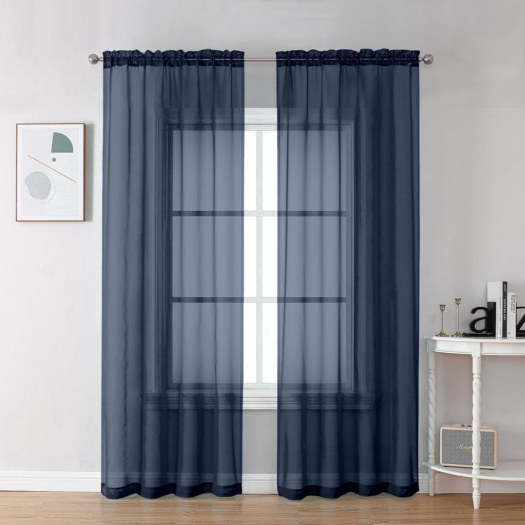 Chyhomenyc Sheer Navy Blue Curtains 90 inches Long 2 Panels, Light Filtering Soft Airy Solid Elegant Voile Window Treatment Drapes for Bedroom Living Room Wedding Party Decor, 42 Wx90 L Inches