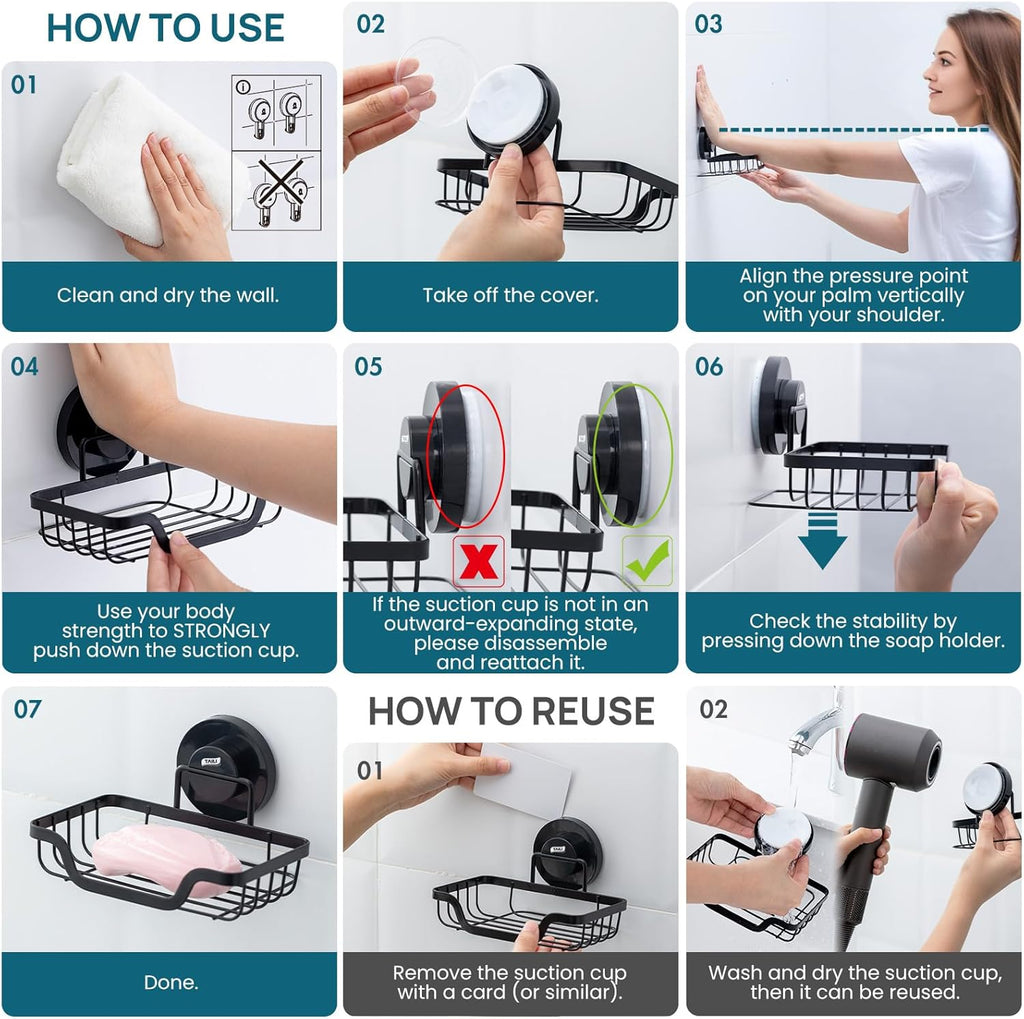 TAILI Soap Holder Bar Dish Suction Cup, Bar Shampoo Rack for Shower Wall, Draining Soap Saver Tray for Bathroom, Rustproof Stainless Steel Sponge Holder for Tub, Kitchen, Drill-Free, Black