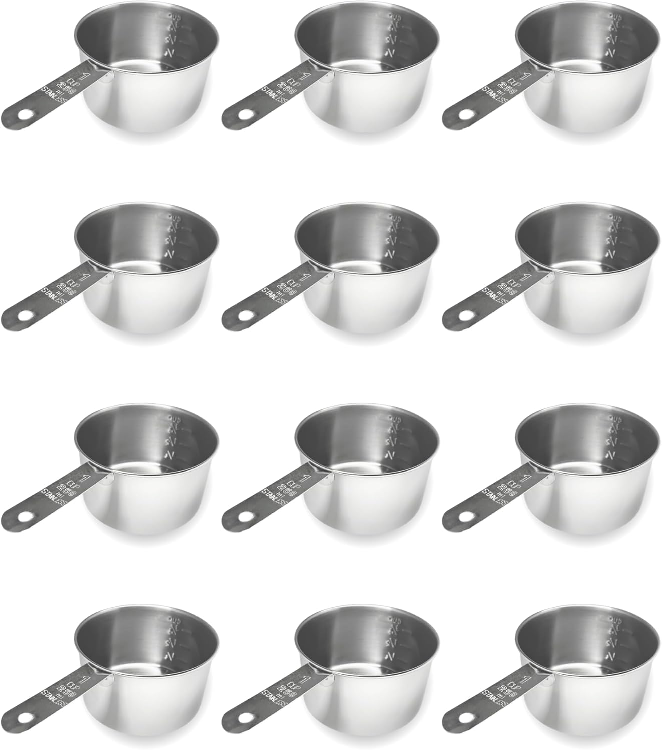 1 Cup Stainless Steel Measuring Cup | Sturdy Metal 250 ml | 240 cc | 8 oz | Single Cup for Wet and Dry Ingredients | Great for use as 1 Cup Dog Food Scoop - 12 PK