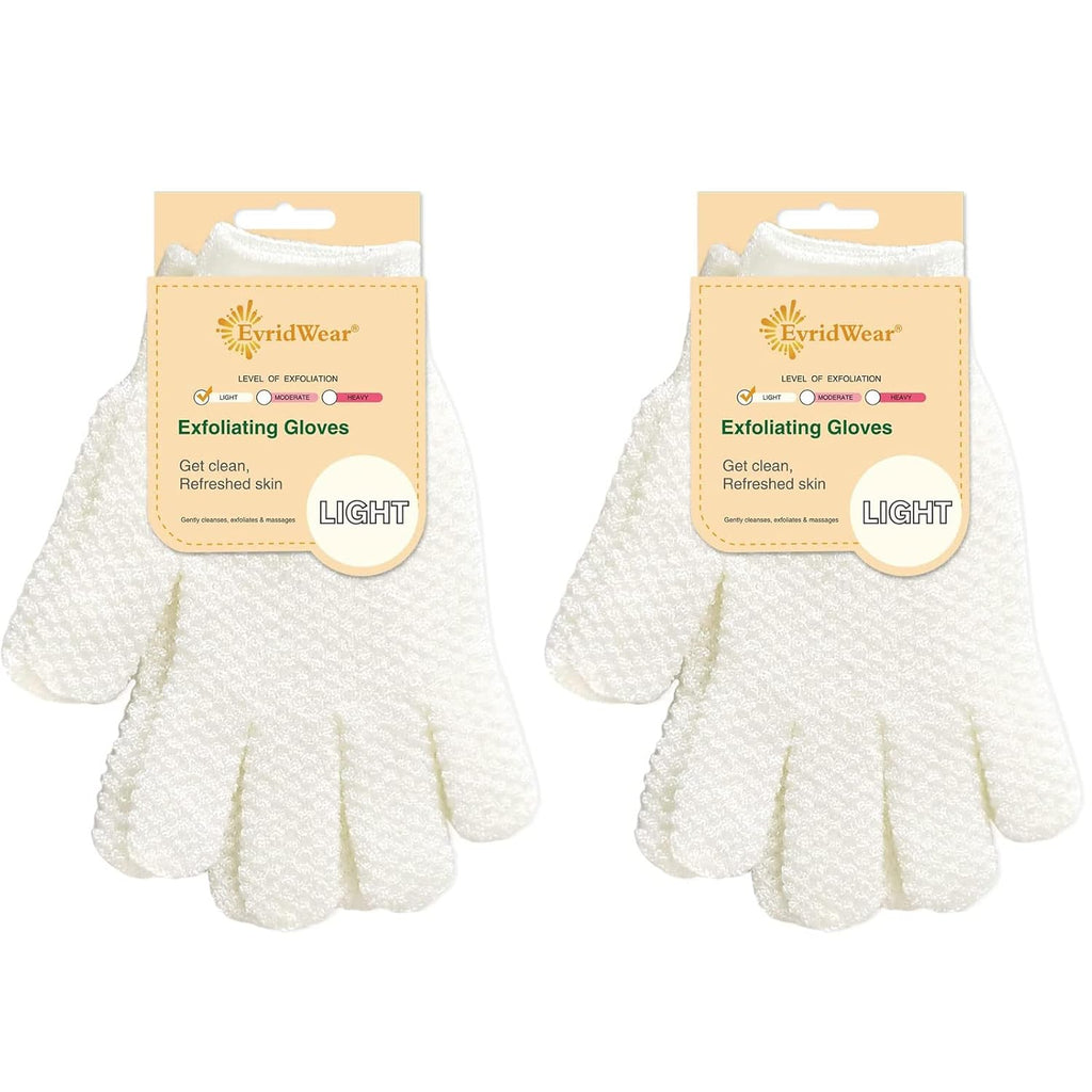 Evridwear Exfoliating Gloves for Shower, 100% Nylon Thick Soft Medium Heavy Bathing Gloves Dead Skin Remover Body Scrubber Smooth Skin with Hang Loop, 2 Pairs Light White