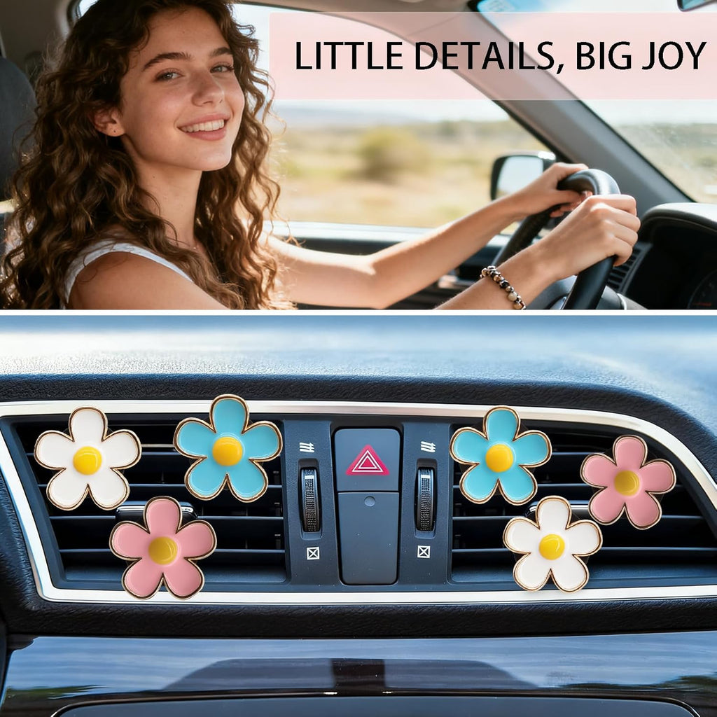 6pcs Flowers Car Air Freshener Vent Clips,Blue White Pink Daisy Flowers Air Vent Clip Car Accessories for Women,3cm/2.7cm Refillable Daisy Decor Diffuser