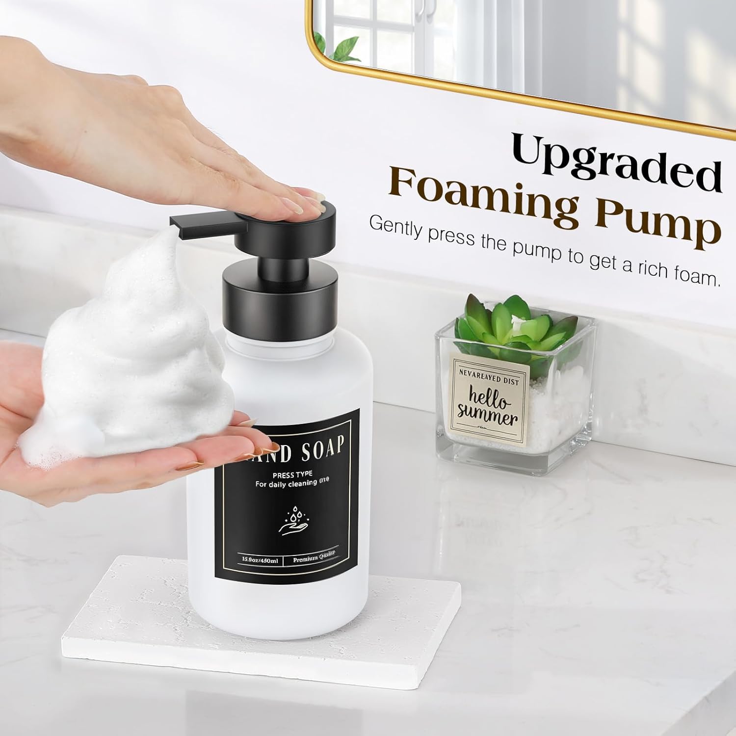 Luxspire Foaming Soap Dispenser, Glass Foam Pump Soap Dispenser, Non-Slip Hand Soap Container with 5 Waterproof Labels, 15 Oz Refillable Liquid Soap Holder for Bathroom & Kitchen, White, 2 Pack