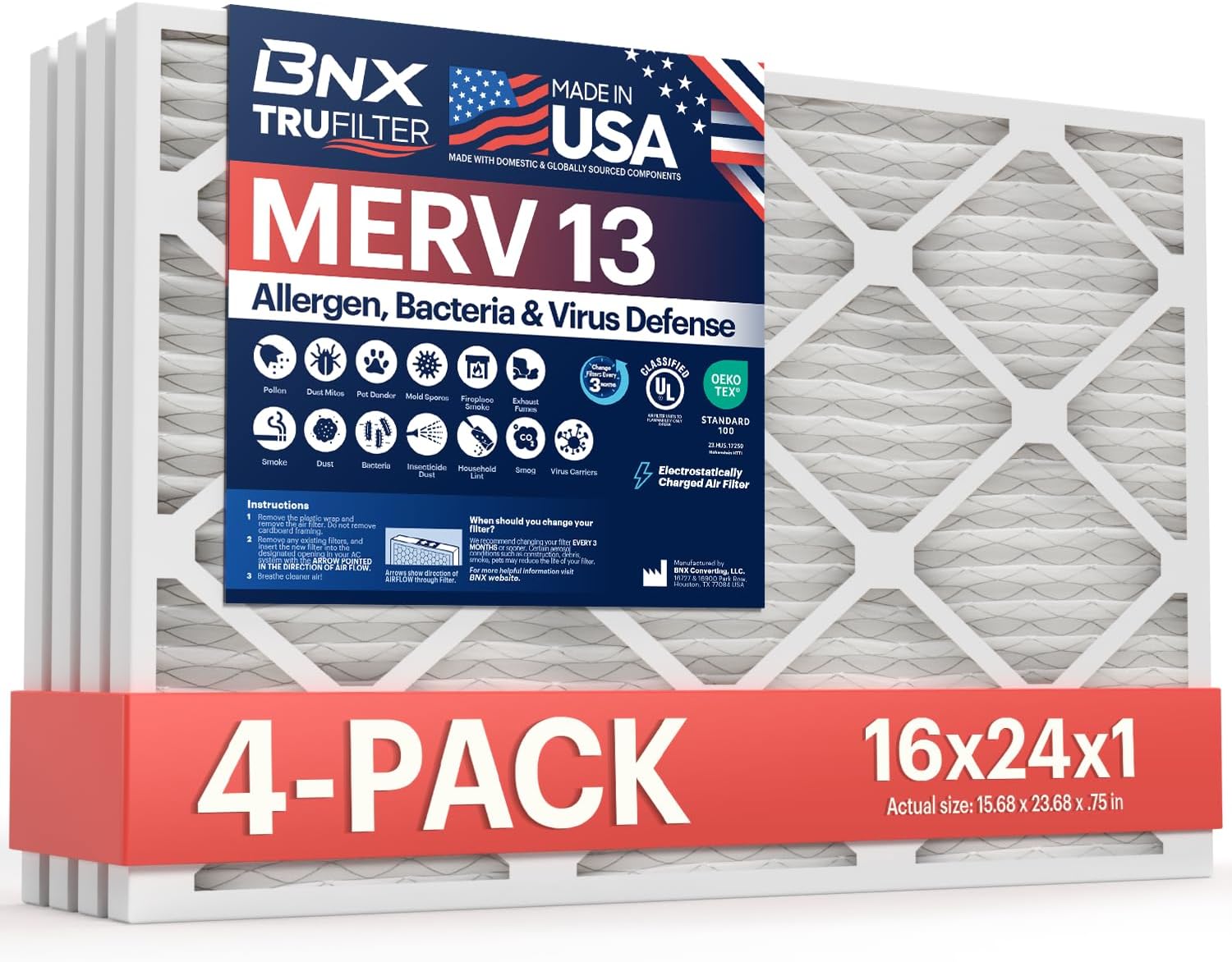 BNX TruFilter 16x24x1 Air Filter MERV 13 (4-Pack) - MADE IN USA - Electrostatic Pleated Air Conditioner HVAC AC Furnace Filters for Allergies, Pollen, Mold, Bacteria, Smoke, Allergen, MPR 1900 FPR 10