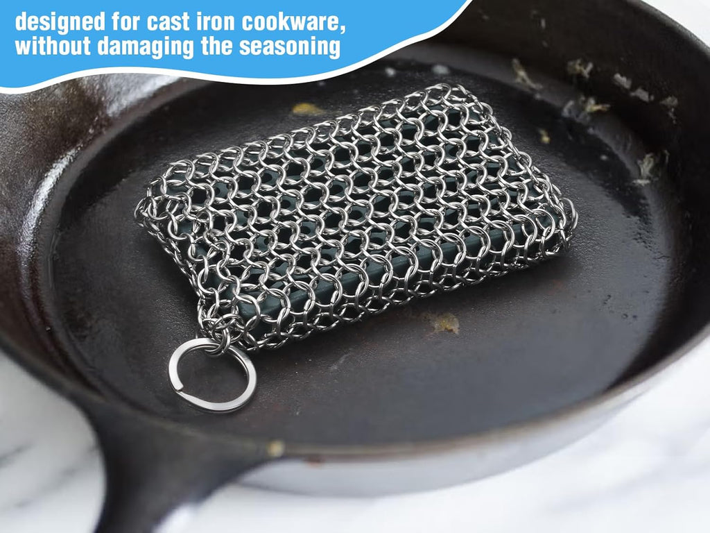 Herda Chain Mail Cast Iron Cleaner Scrubber,316 Chainmail Pan Scrubber Metal Cleaning Brush, Pad, Sponge Scraper to Clean Skillet,Dutch Oven, Wok,Grill Griddle,Chain Link Scrub Brush Pot Care Kit