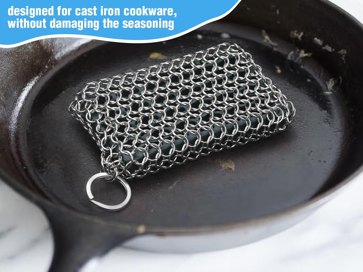 Herda Chain Mail Cast Iron Cleaner Scrubber,316 Chainmail Pan Scrubber Metal Cleaning Brush, Pad, Sponge Scraper to Clean Skillet,Dutch Oven, Wok,Grill Griddle,Chain Link Scrub Brush Pot Care Kit