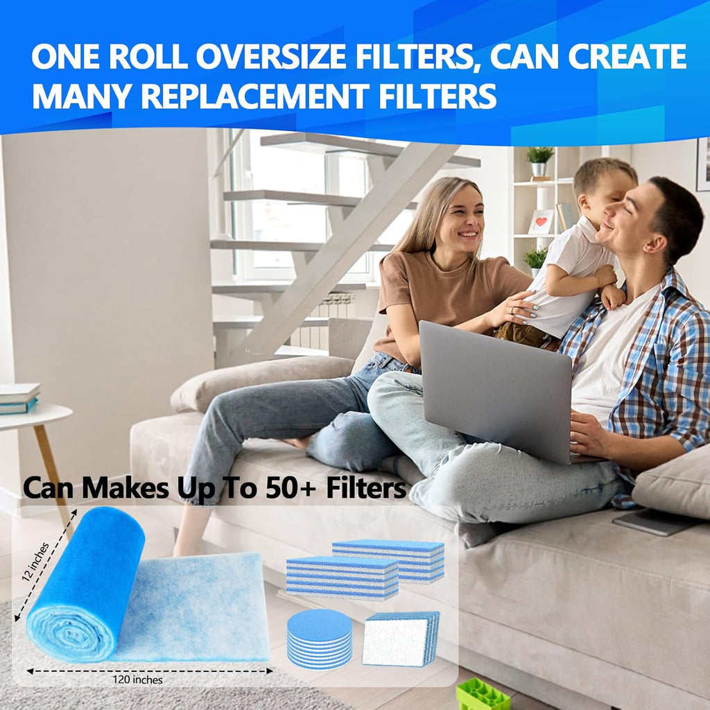 12" x120" Air Vent Filters, Cut to Fit Air Filter (50+ Filters), MERV 8 Triple Vent Filter for Home Floor, Ceiling, RV, HVAC Furnace Vents, With Adhesive Hook Tape and Installation Tape
