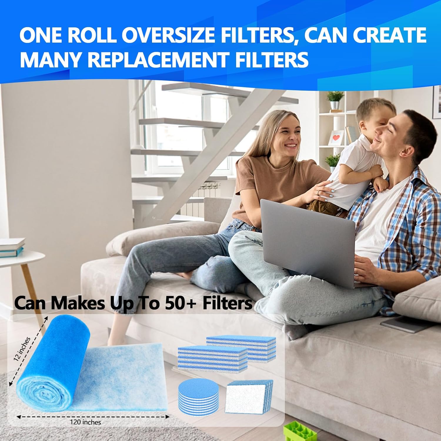 12" x120" Air Vent Filters, Cut to Fit Air Filter (50+ Filters), MERV 8 Triple Vent Filter for Home Floor, Ceiling, RV, HVAC Furnace Vents, With Adhesive Hook Tape and Installation Tape