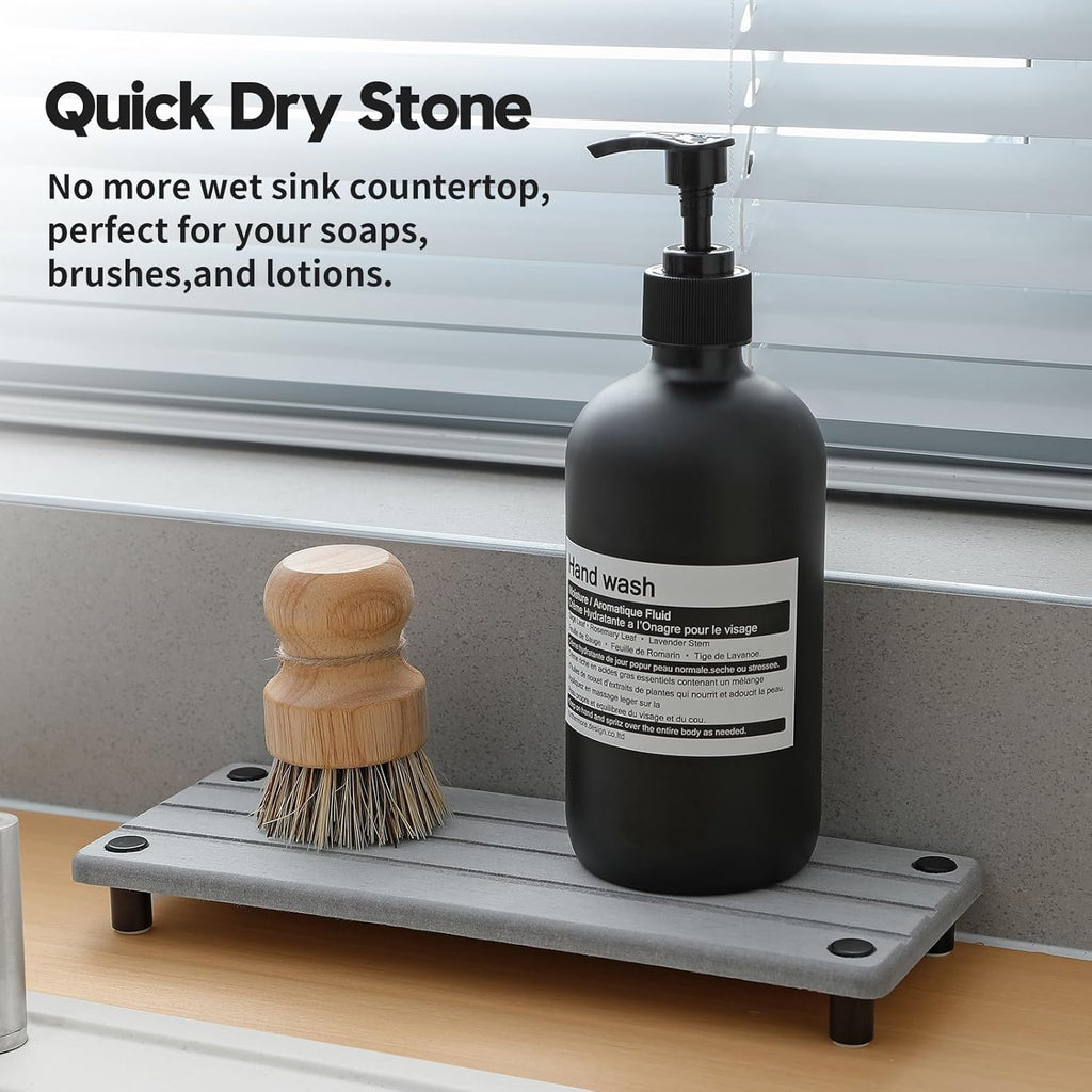 2 Pack Fast Drying Water Absorbing Diatomite Stone Mat Tray for Kitchen & Bathroom Counter - Instant Dry Sink Caddy Organizer - Vanity Holder for Soap, Sponge – Light Gray 10" x 4"