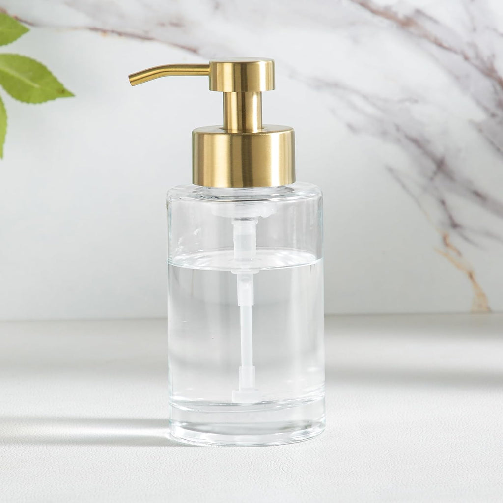 Enra Foam Soap Dispenser,12oz Thick Glass Bathroom Soap Dispenser with Stainless Steel Gold Pump for Bathroom Kitchen(Clear/Gold Poam Type)