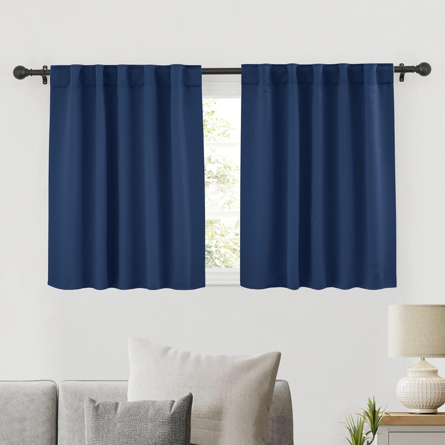 RYB HOME Small Window Curtains Blackout, Privacy Thermal Insulating Drapes for Bedroom Bathroom Basement Cafe Classroom Window Decor, W 34 x L 45 inches, Navy, 2 Panels