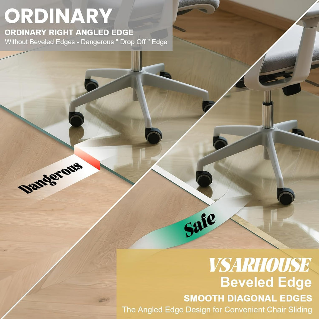 VSARHouse Beveled Edge Tempered Glass Office Chair Mat, 46"x36" Heavy Duty Glass Floor Mat for Carpet or Hard Floors, with Non-Slip Pads, Easy to Slide, Thick 1/5", Octagon, Patent No.30004842