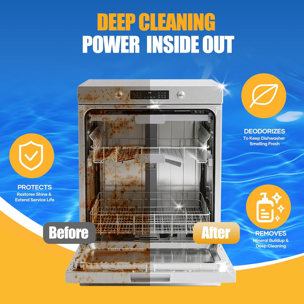 Dishwasher Cleaner Tablets - Dishwasher Cleaner And Deodorizer Tablets Lemon Scented, Heavy Duty Deep Clean Descaler Pods for Septic Safe, Prevents Buildup & Odor, Natural Limescale Remover (32 Pack)