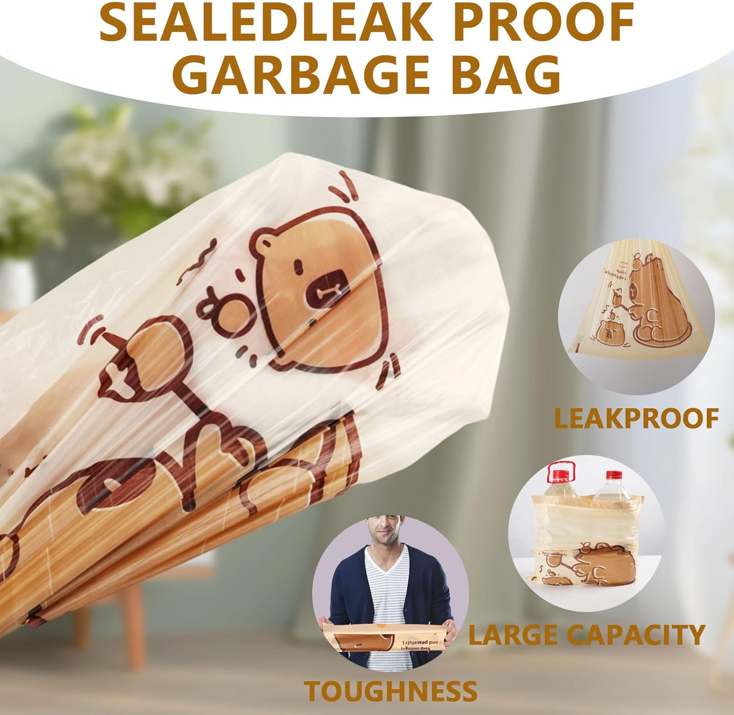 VOK 4 Gallon Trash Bags with Capybara Printed, Drawstring Small Garbage Bags, Tear-Resistant & Odor-Control Bathroom/Kitchen Trash Can Liners, Bathroom Trash Bags with Secure Tie, 100 Counts