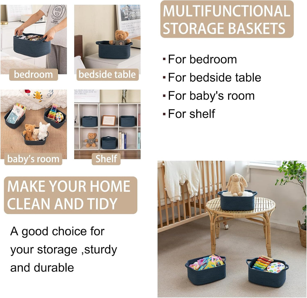 OIAHOMY Cotton Rope Woven Baskets for Storage, Nursery Rectangle Storage Basket with Handles for Shelves, Pack of 3, Blue