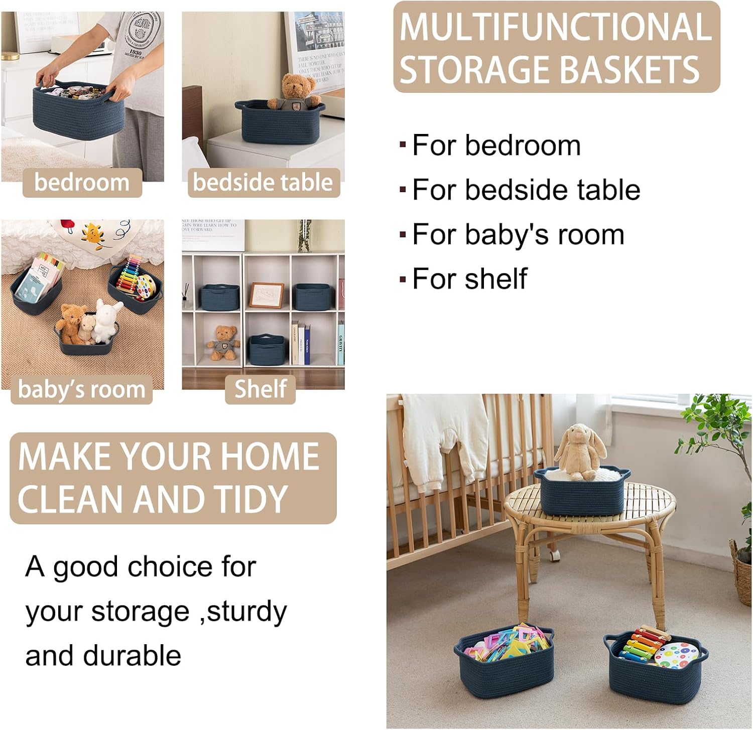 OIAHOMY Cotton Rope Woven Baskets for Storage, Nursery Rectangle Storage Basket with Handles for Shelves, Pack of 3, Blue