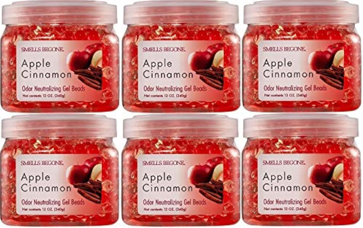 SMELLS BEGONE Odor Eliminator Gel Beads - 12 oz, Pack of 6 - Eliminates Odor in Bathrooms, Cars, Boats, RVs & Pet Areas - Air Freshener - Made with Essential Oils - Apple Cinnamon Scent