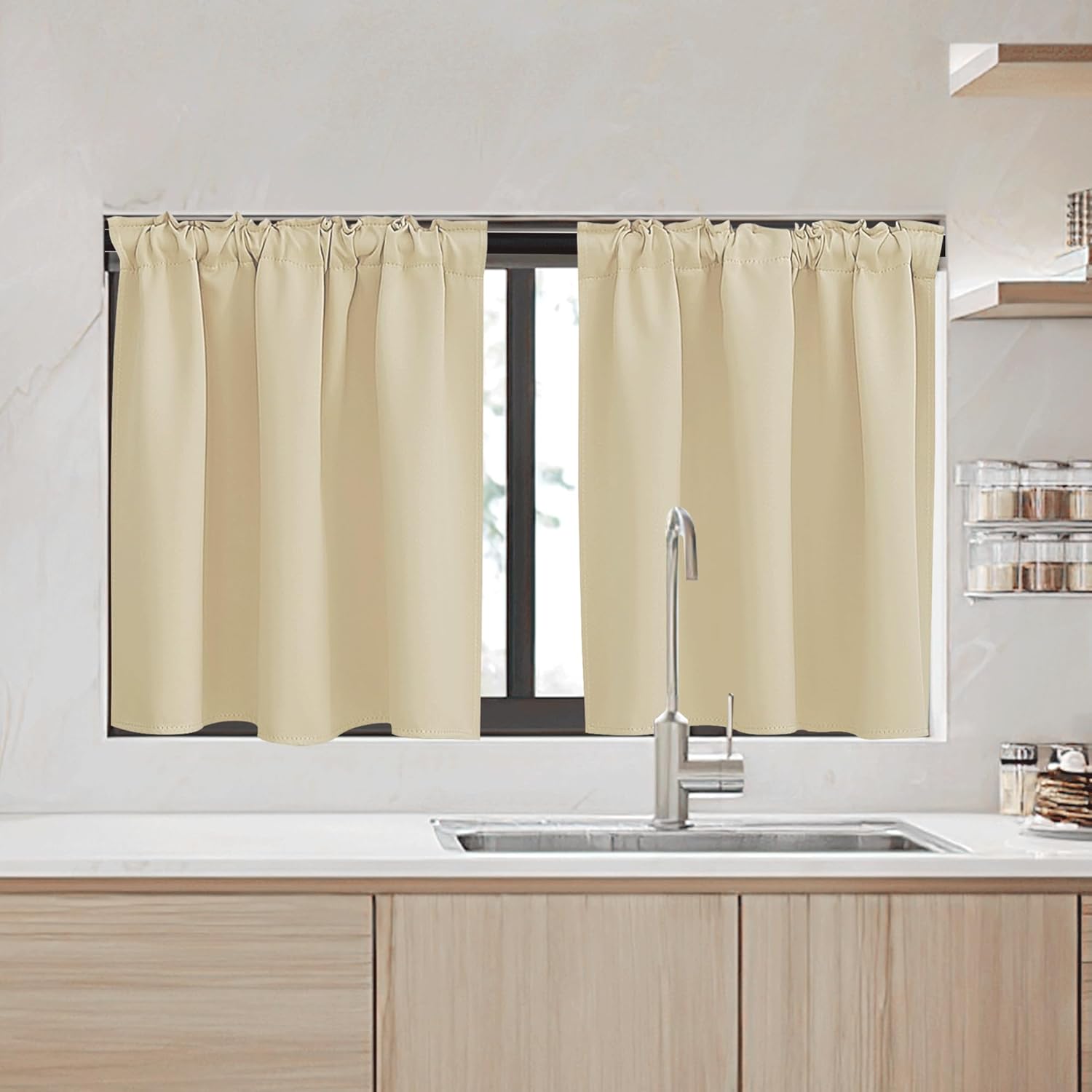 RYB HOME Small Window Curtains - Blackout Insualting Privacy Curtains for Kids Bedroom Kitchen Bathroom Basement Cafe Cabinet Tiers Drapes, 34 Width x 24 Length, 2 Panels, Biscotti Beige