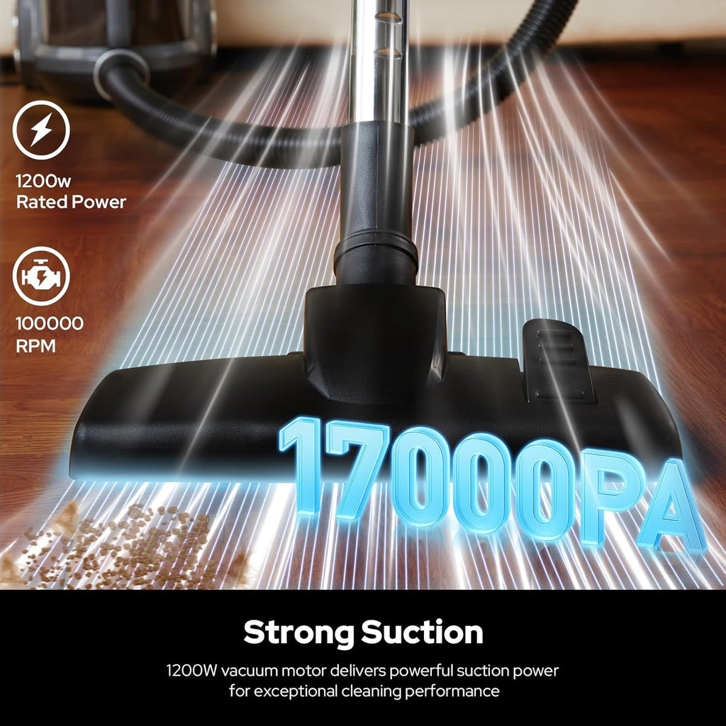 Aircliff Canister Vacuum Cleaner, Specially Designed Nozzle for Pet Family, 1200W & 17Kpa Strong Suction, 2 HEPA Filters & 5 Cleaning Tools for Hard Floor, Carpet, Upholstery, Pet Hair(Sliver)