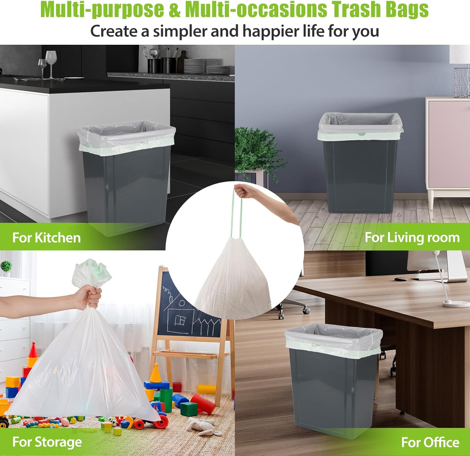 Large Trash Bag 13 Gallon Tall Drawstring 100% Post-Consumer Recycled Garbage Bag Waste Bag for Kitchen Office 0.8 Mil (200 Count)