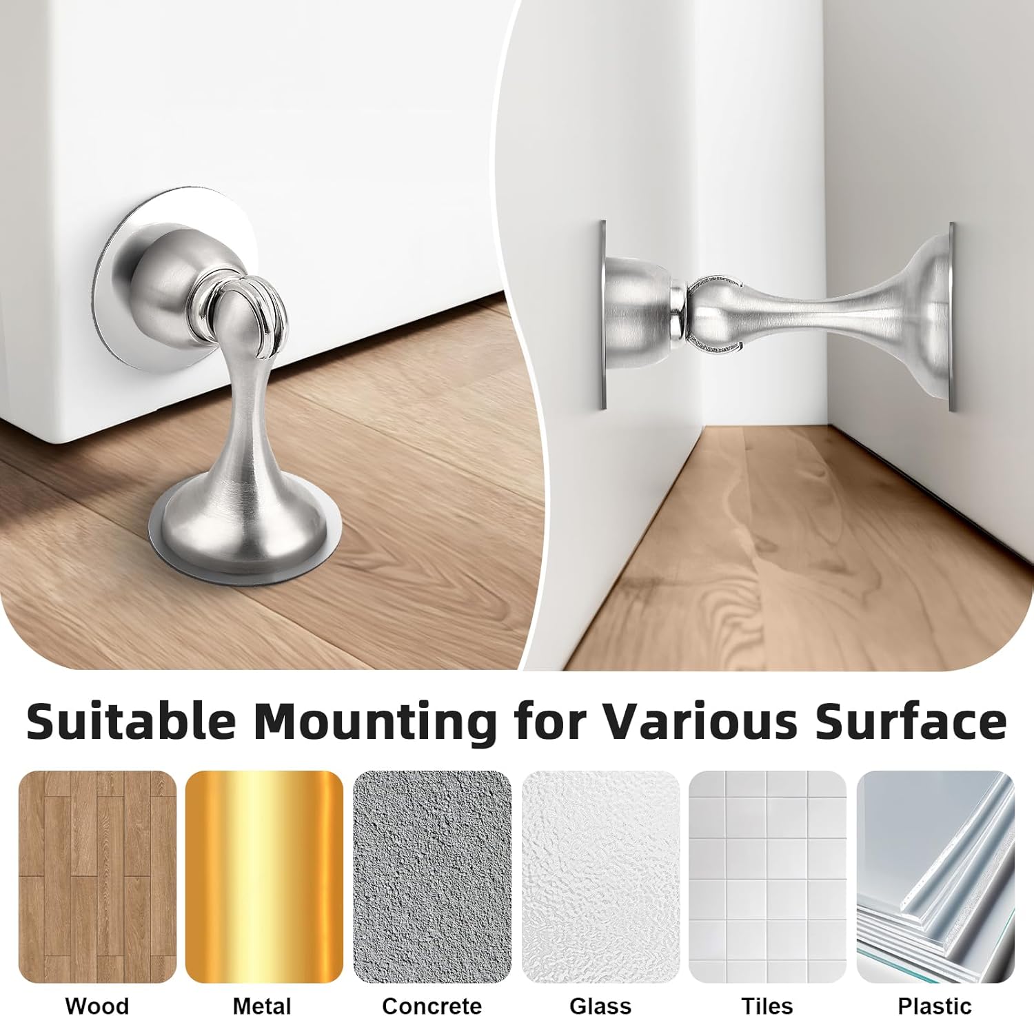 Probrico Brushed Nickel Magnetic Door Stoppers for Bottom of Door, Stainless Steel Magnet Door Catch Door Stops to Keep Door Open, Heavy Duty Door Holder, Wall and Floor Mounting, 2 Pack