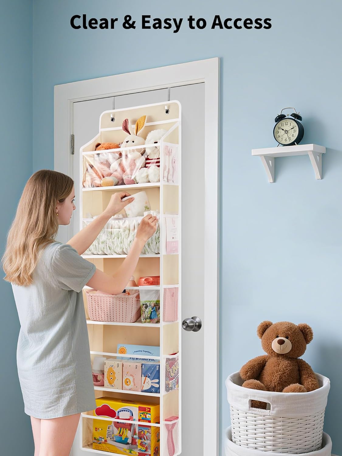 JARLINK Toy Stuffed Animal Storage, Over The Door Organizer W/Clear View Windows, 44lb Load, Baby Toy Storage Organizer for Nursery, Kid Bedroom, Newborn Baby Essentials (Beige)