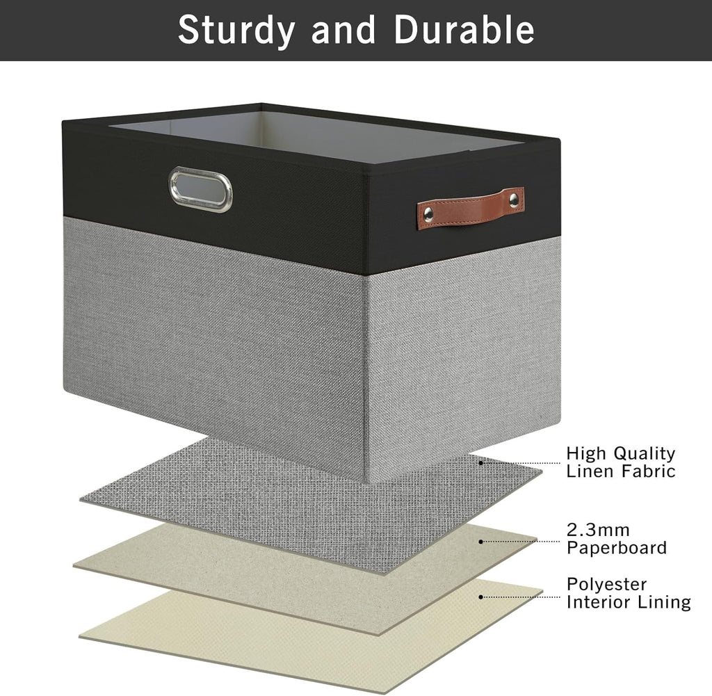 Large Collapsible Fabric Storage Bins with 3 Handles, Foldable Organizer Baskets for Closet, Shelves, Living Room | 3 Pack, Durable PU & Metal Handles (17"x11.8"x11.8", Black & Gray)