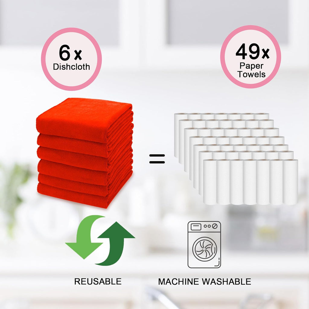 kimteny 13x28 Inches Kitchen Cloth Dish Towels, 400 GSM Premium Dishcloths, Super Absorbent Coral Velvet Microfiber Cleaning Cloths, Fast Drying Rags for Washing Dishes (6 Pack, Red)
