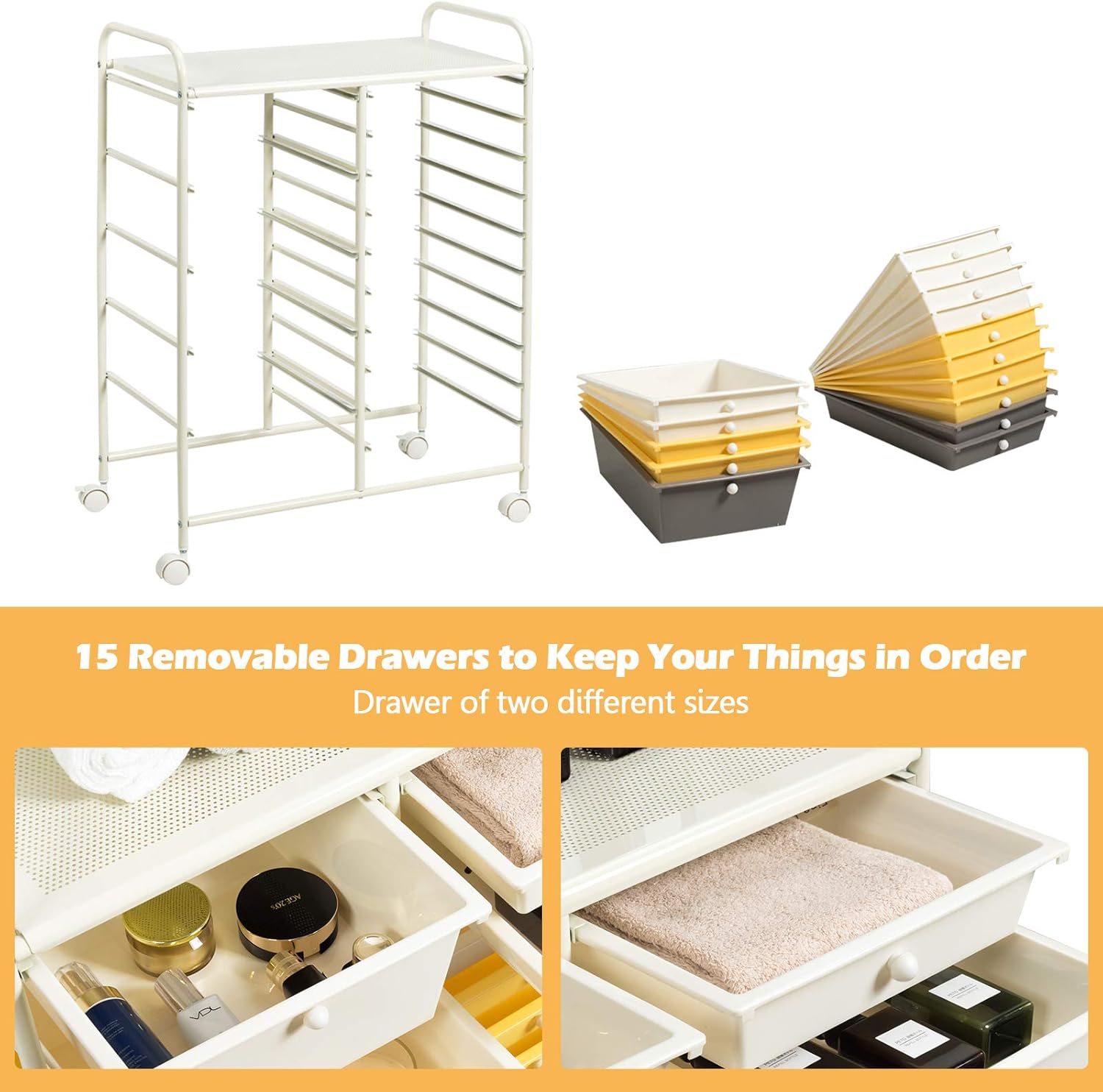GOFLAME 15-Drawer Rolling Storage Cart, Multipurpose Movable Organizer, Utility Cart for Home, Office, School, Yellow