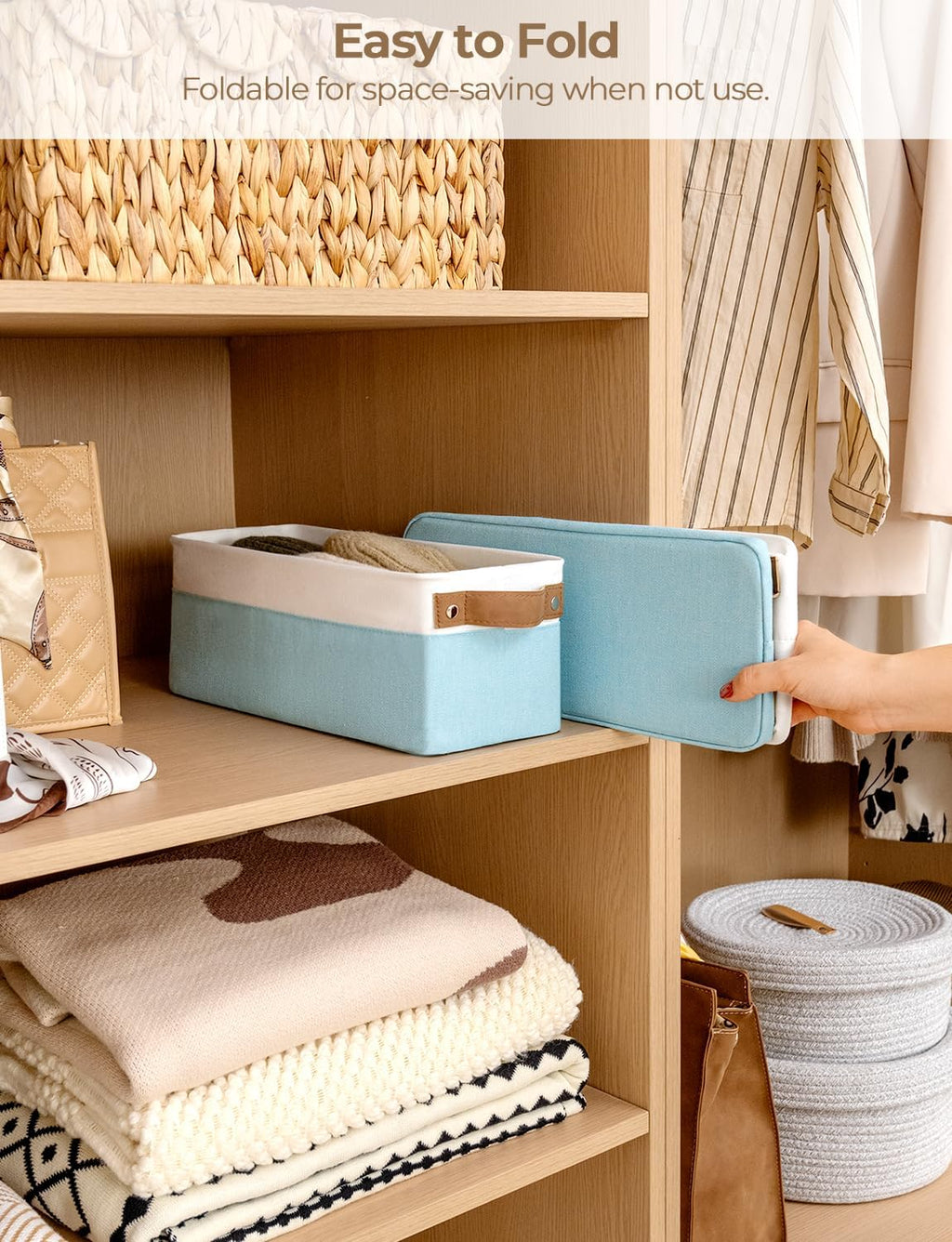 StorageWorks Narrow Storage Bins, Small Basket for Closet and Shelves, Fabric Organizer with Handles, Toilet Paper Storage, Light Blue and White, 2-Pack