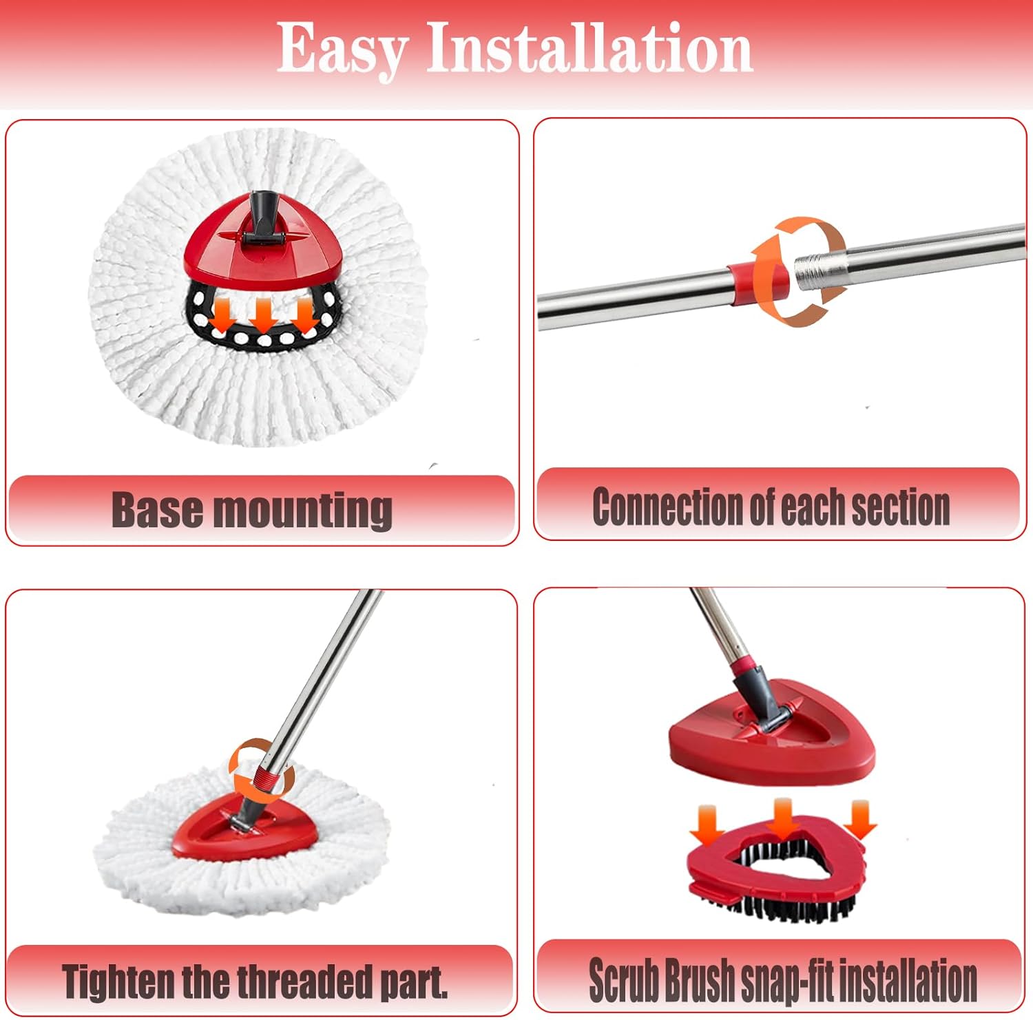 Spin Mop Replacement Head Mop Replace Head Compatible with O Cedar EasyWring Spin Mop - 4 O-Ceda Mop Refills、30-58in Mop Handle and 1 Mop Base and 1 Mop Base Scrub Brush Combo Set