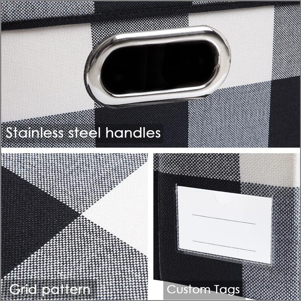 PRANDOM Collapsible Storage Bin with Lid [3-Pack] Fabric Foldable Storage Box Organizer Container Basket Cube with Cover for Home Bedroom Closet Office Nursery Black and White Grid(14.9x9.8x9.8)