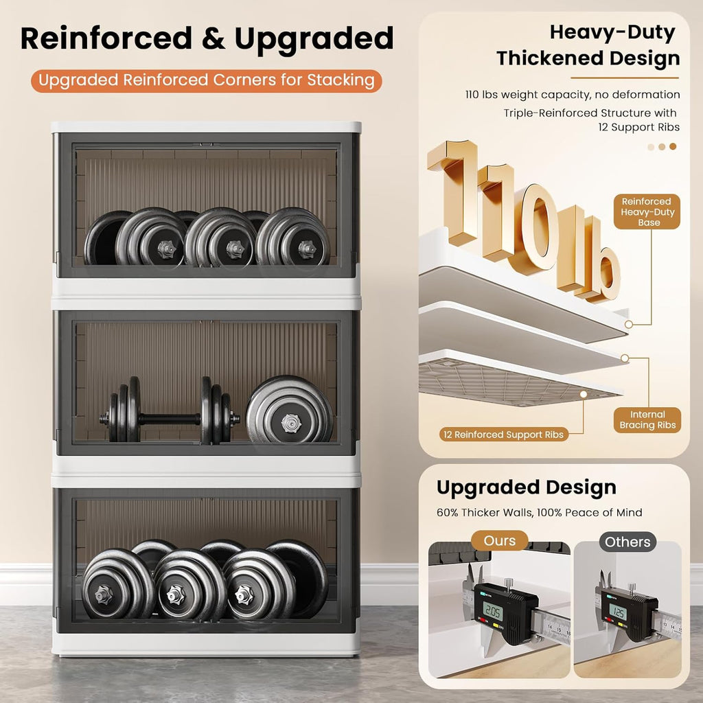 19Gal Collapsible Storage Bins with Lids & Wheels - 1 Pack Stackable with Doors, Heavy-Duty Plastic Containers for Home/Office, White