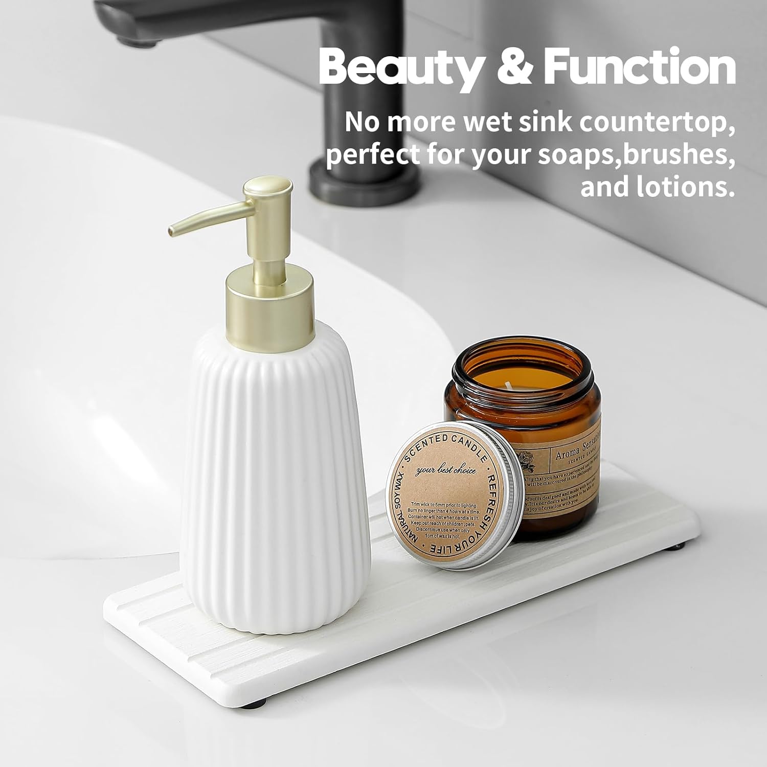 2PCS Diatomite Quick Stone Drying Tray Mat for Bathroom & Kitchen Counter, Instant Dry Water Absorbent Drink Bar Coaster,Vanity Sink Caddy Organizer,Dish Soap Sponge Holder, White,9"x3.5"