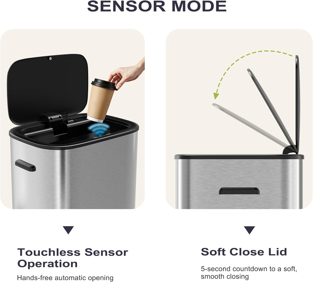 16 Gallon Kitchen Trash Can with Lid, 60L Touchless Motion Sensor Trash Can, Waterproof Brushed Stainless Steel Trash Bin, Automatic Garbage Can for Bedroom, Bathroom, Office, Living Room