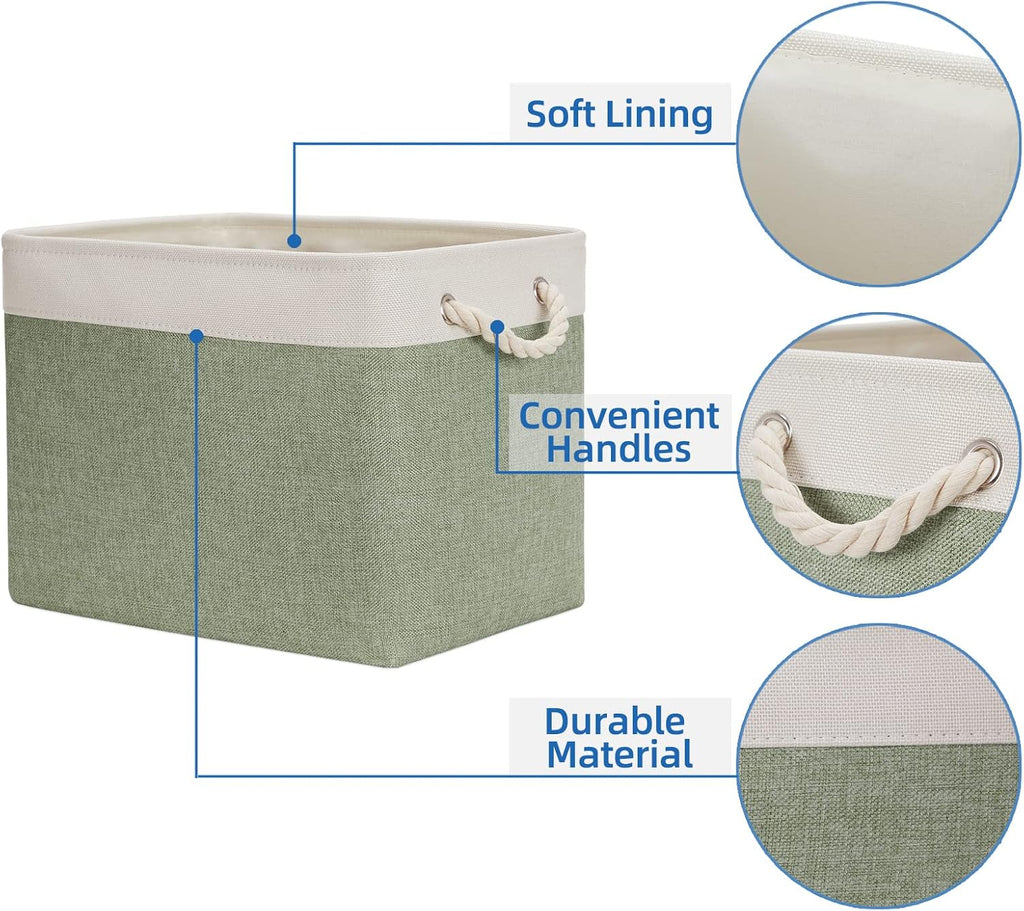 Temary Storage Baskets Fabric Storage Bins for Shelves, 2 Pack Decorative Storage Boxes Canvas Storage Basket with Handles for Organizing Clothes, Books(White&Green,16Lx12Wx12H Inches)