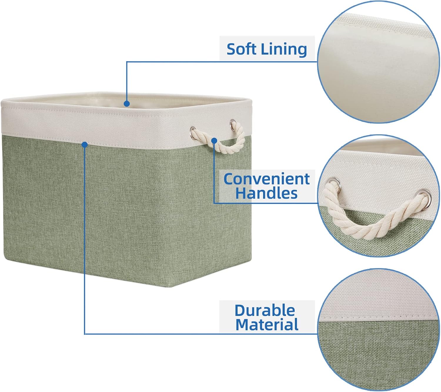 Temary Storage Baskets Fabric Storage Bins for Shelves, 2 Pack Decorative Storage Boxes Canvas Storage Basket with Handles for Organizing Clothes, Books(White&Green,16Lx12Wx12H Inches)