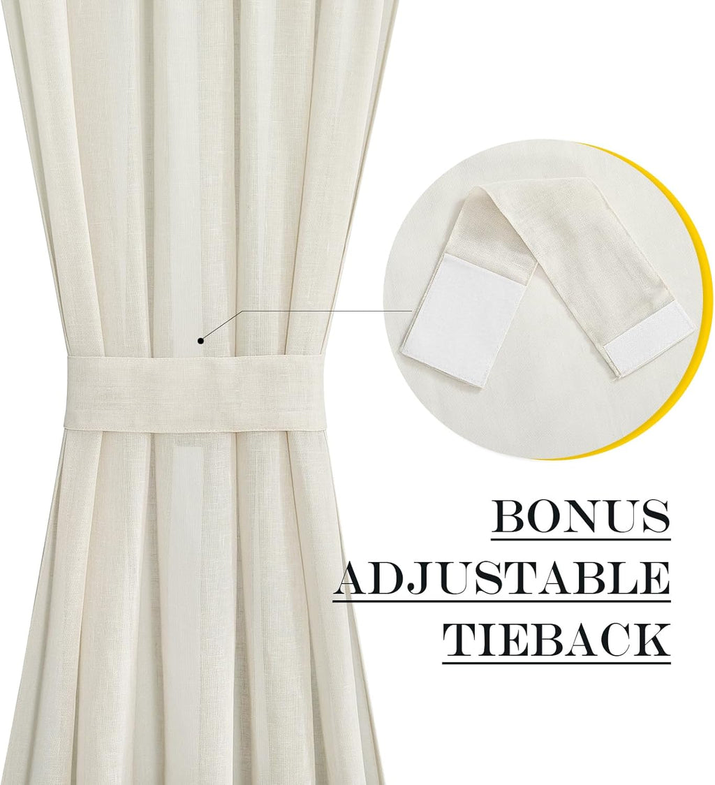 NICETOWN Linen Curtains 50 Inches Long for Bedroom Living Room Door, Light Filtering Sheer Curtains for French Front Back Door, Tie up Blind Shade, 1 Panel, 26" W x 50" L, Ivory White