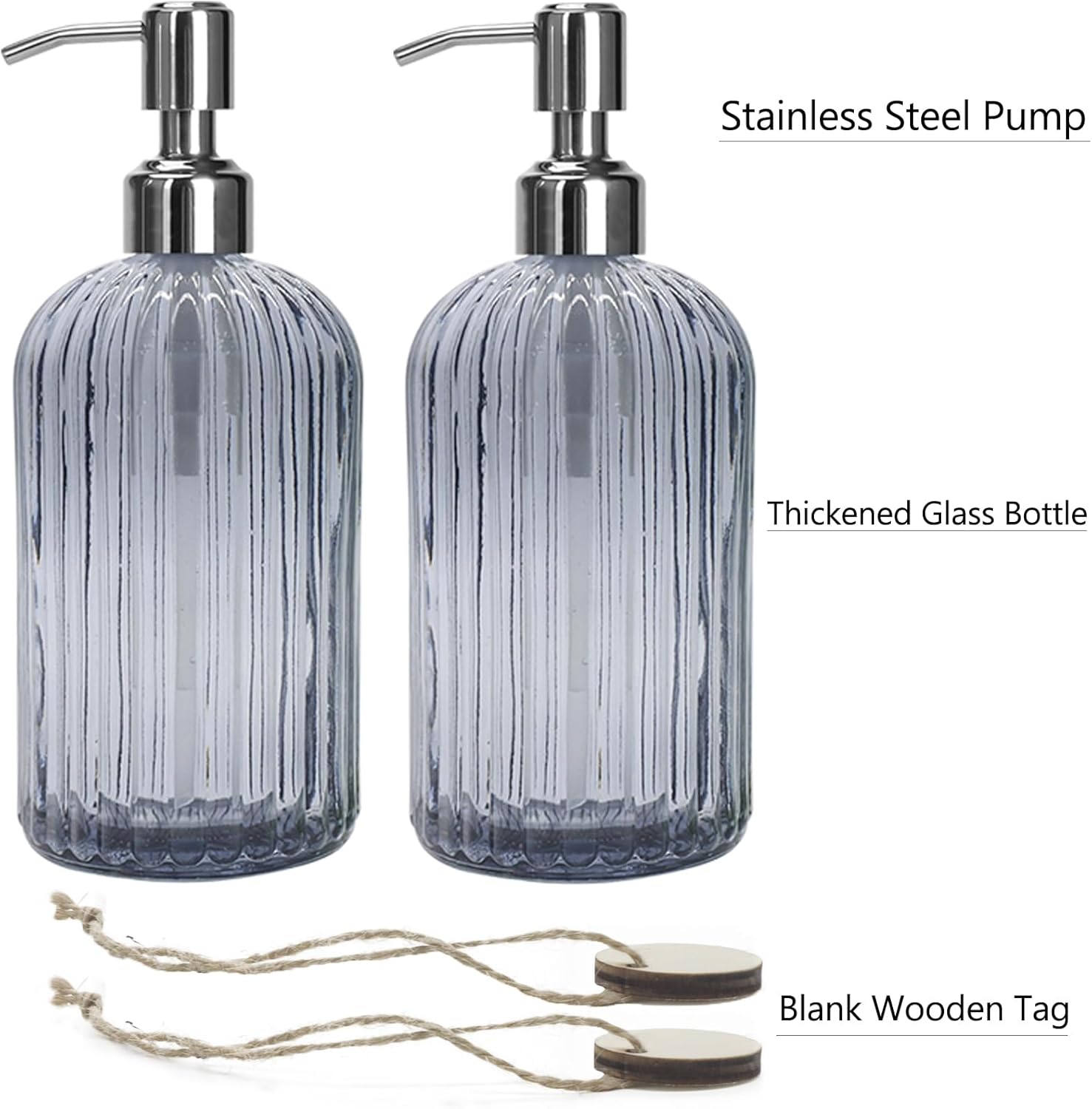 Grey Glass Soap Dispenser 18 oz, 2 Pack Hand Dish Soap Dispensers Bathroom with Stainless Steel Pump, Refillable Kitchen Liquid Decorative Bottles for Hand Sanitizer, Lotion