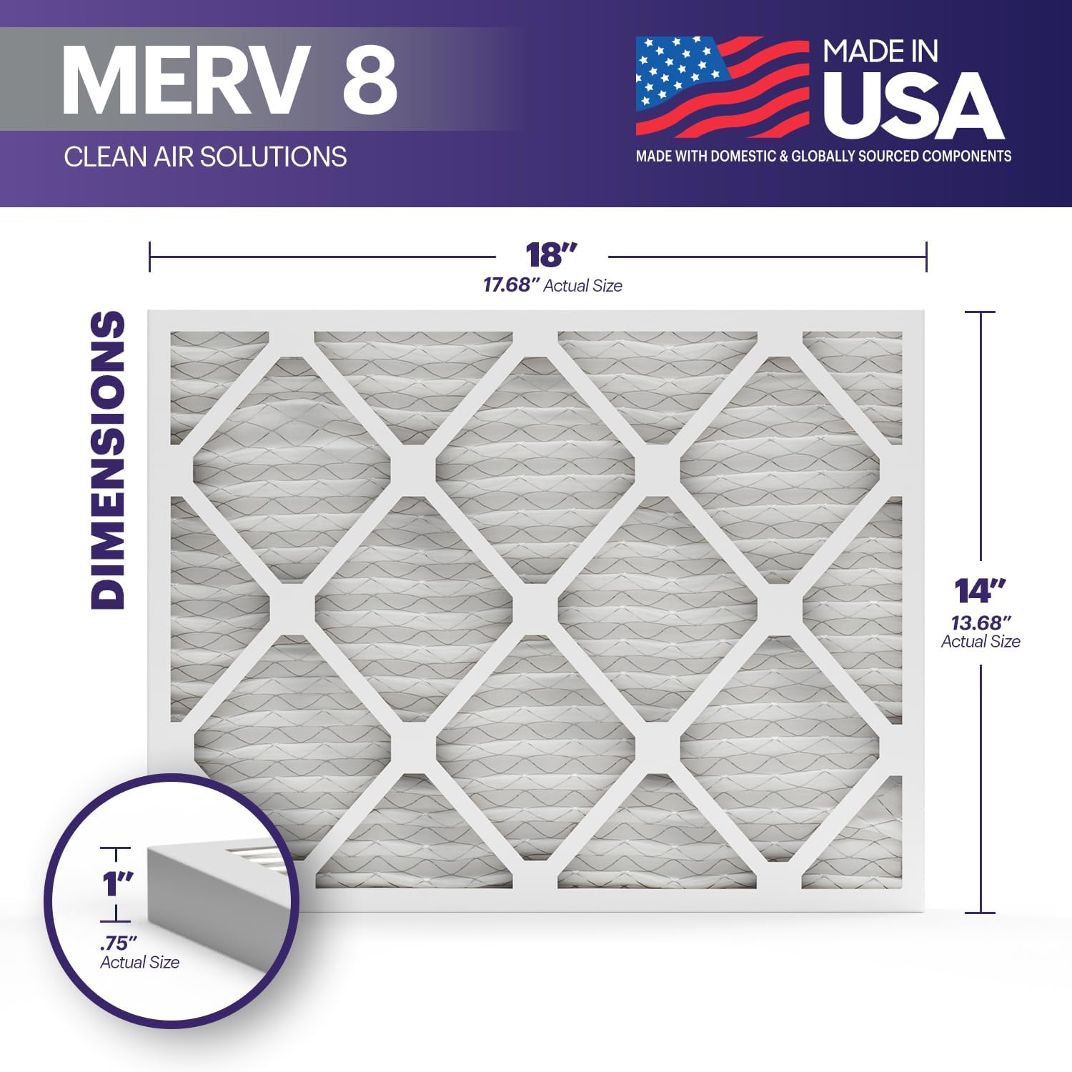 BNX TruFilter 14x18x1 Air Filter MERV 8 (6-Pack) - MADE IN USA – Dust & Pet Defense Electrostatic Pleated Air Conditioner HVAC AC Furnace Filters for Dust, Pet, Mold, Pollen MPR 600 – 700 & FPR 5