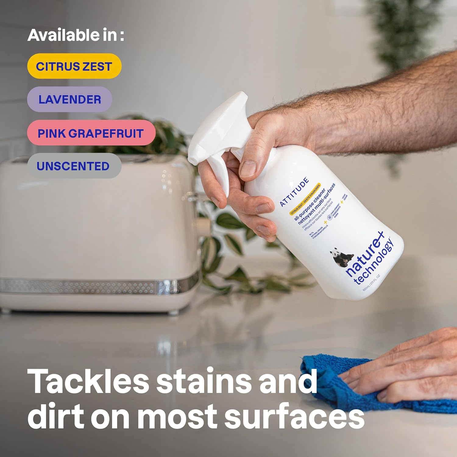 ATTITUDE All Purpose Cleaner Spray, EWG Verified, Vegan, Made with 94% Plant-Based Ingredients, Streak-Free for Kitchen, Bathroom, Glass & More, Citrus Zest Scent, 27.1 Fl Oz (Pack of 6)