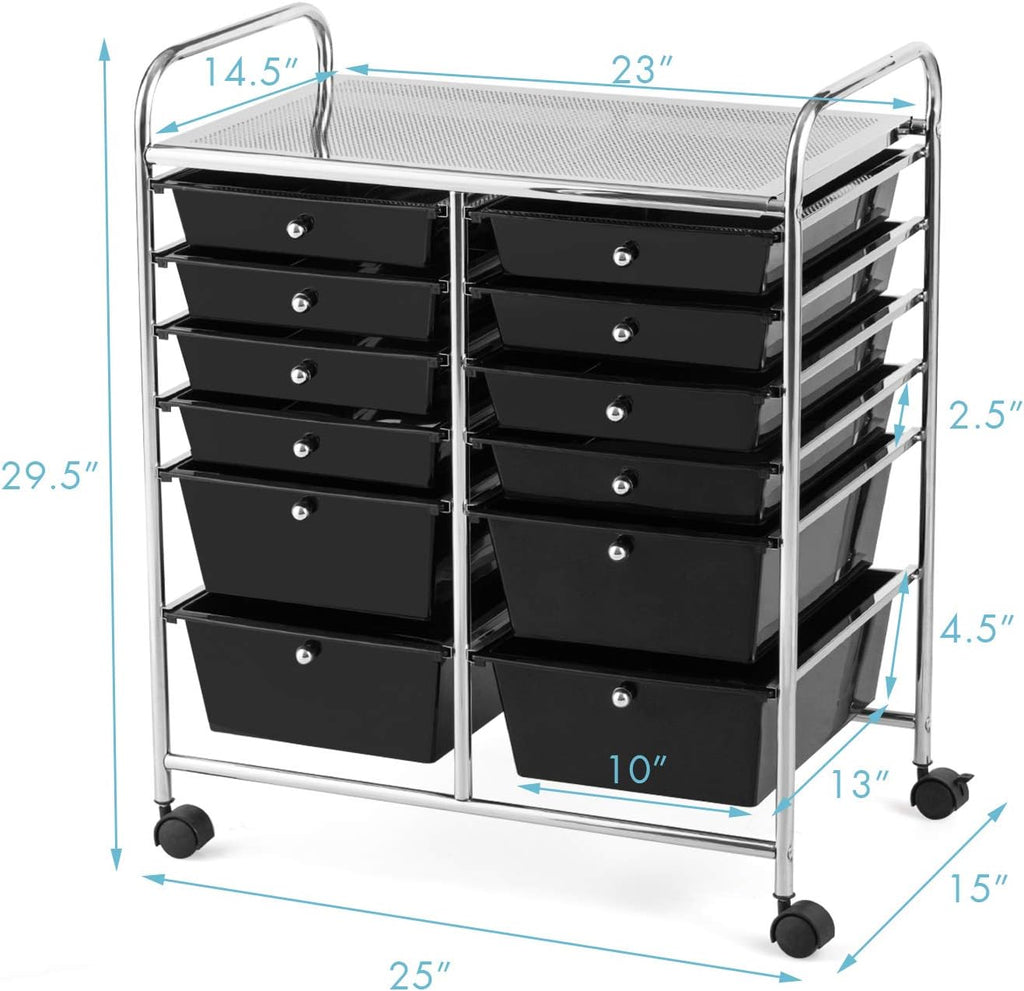 GOFLAME 12-Drawer Rolling Storage Cart, Multipurpose Organizer Cart with 2 Sizes Plastic Drawers, Mobile Utility Cart with Lockable Casters for School, Home Office, Beauty Salon, Black