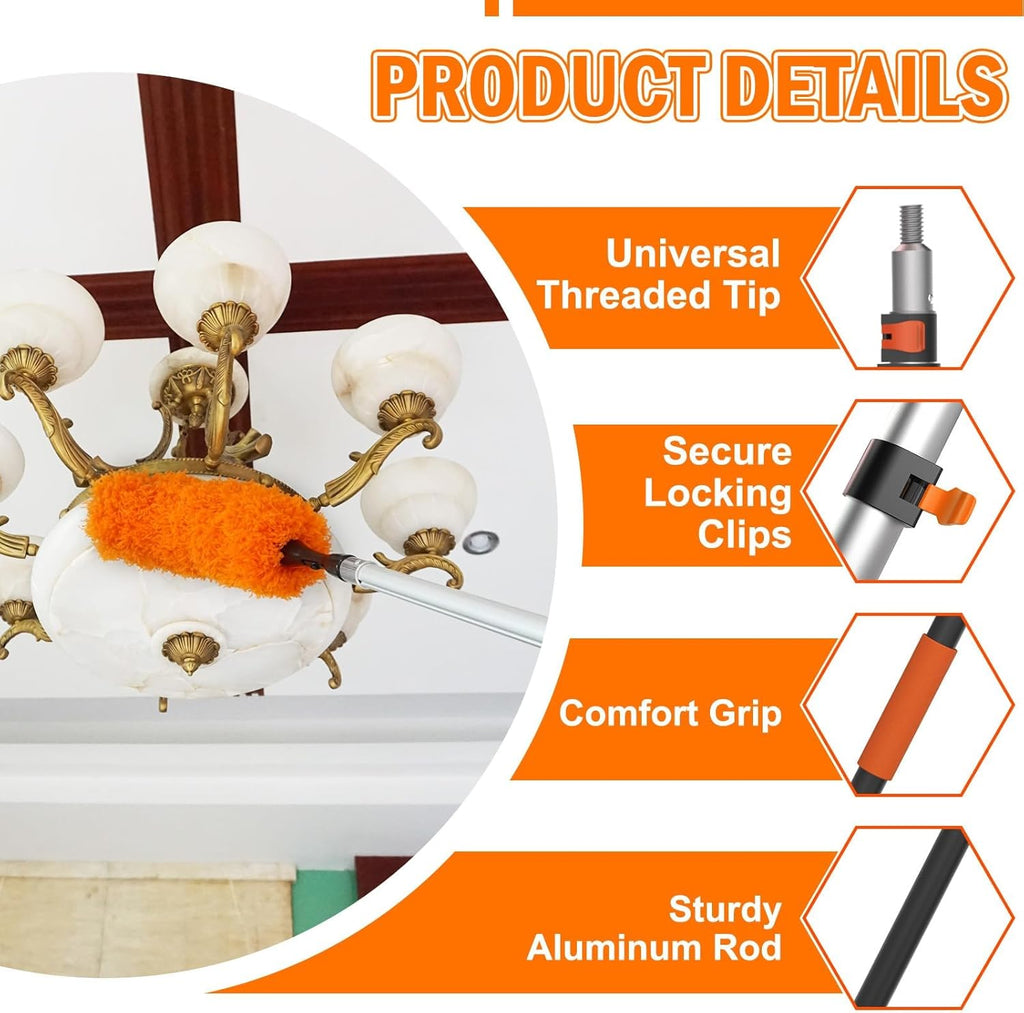 26FT High Reach Duster Cleaning Kit with Extension Pole, High Ceiling Fan Cleaner Duster Tool for Fan Blades, Window Washing Kit with Microfiber Feather Duster & Window Squeegee