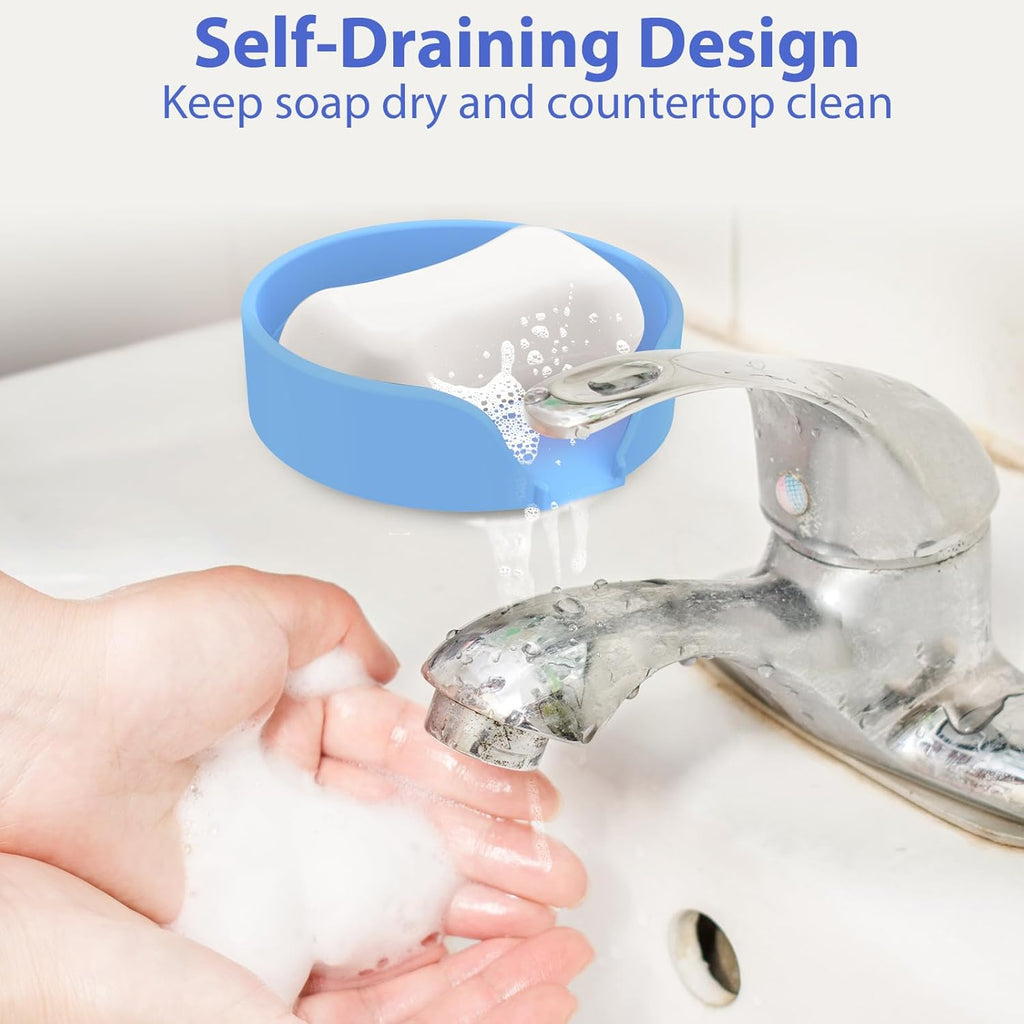Self Draining Soap Dish, Silicone Suction Cup Soap Holder Tray Savers Container Sponge Holder for Bar Bathroom Shower Kitchen Sink, Can Extend Soap Life (2, Sky)