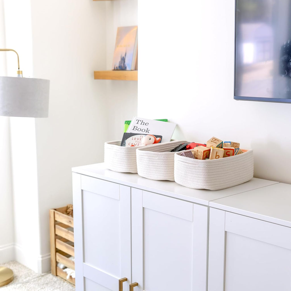 NaturalCozy 11.8"x8"x4.5” Storage Baskets for Shelves 3 Pack | Cotton Rope Woven Small Baskets for Organizing | Small Storage Bins for Nursery, Bathroom, Closet, Cube Shelf, Decorative, Gift Basket