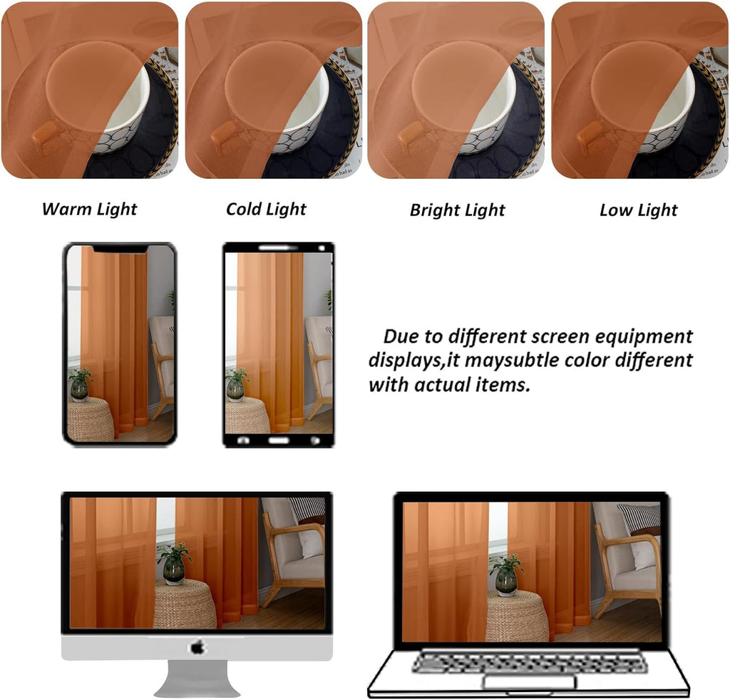 Chyhomenyc Sheer Valances for Windows 2 Pack, 42Wx14L Inches Short Valance for Living Room Bathroom Cafe Laundry Basement, Cute Orange Dual Rod Pockets Voile Valance, 1Pair