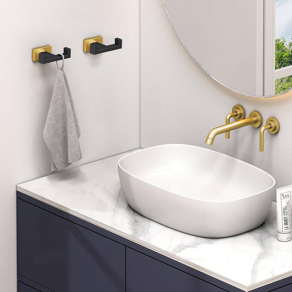 Angle Simple Towel Hook Black & Gold 2 PCS, Stainless Steel Double Hook for Bathroom, Square Robe Hook, Hand Towel Holder for Wall