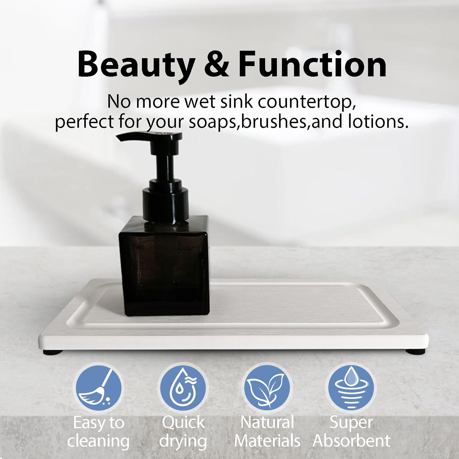 2 PCS Fast-Drying Stone Trays for Bathroom Sink & Kitchen Counter, Water Absorbing Diatomite Sink Coasters, Vanity Tray, Hand Soap Holder with Anti-Skid Pads (9.5" x 4.7" White)