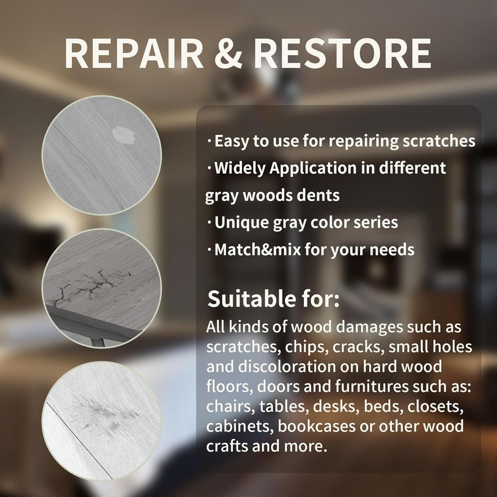 Wood Repair Kit, 13Pcs Wood Fillers, Furniture Repair Kit Scratch Cover for Wood Cracks, Stains, Discoloration for Furniture, Table, Door, Cabinet, Floor Wood Touch Up Wood Stain Paint, Gray