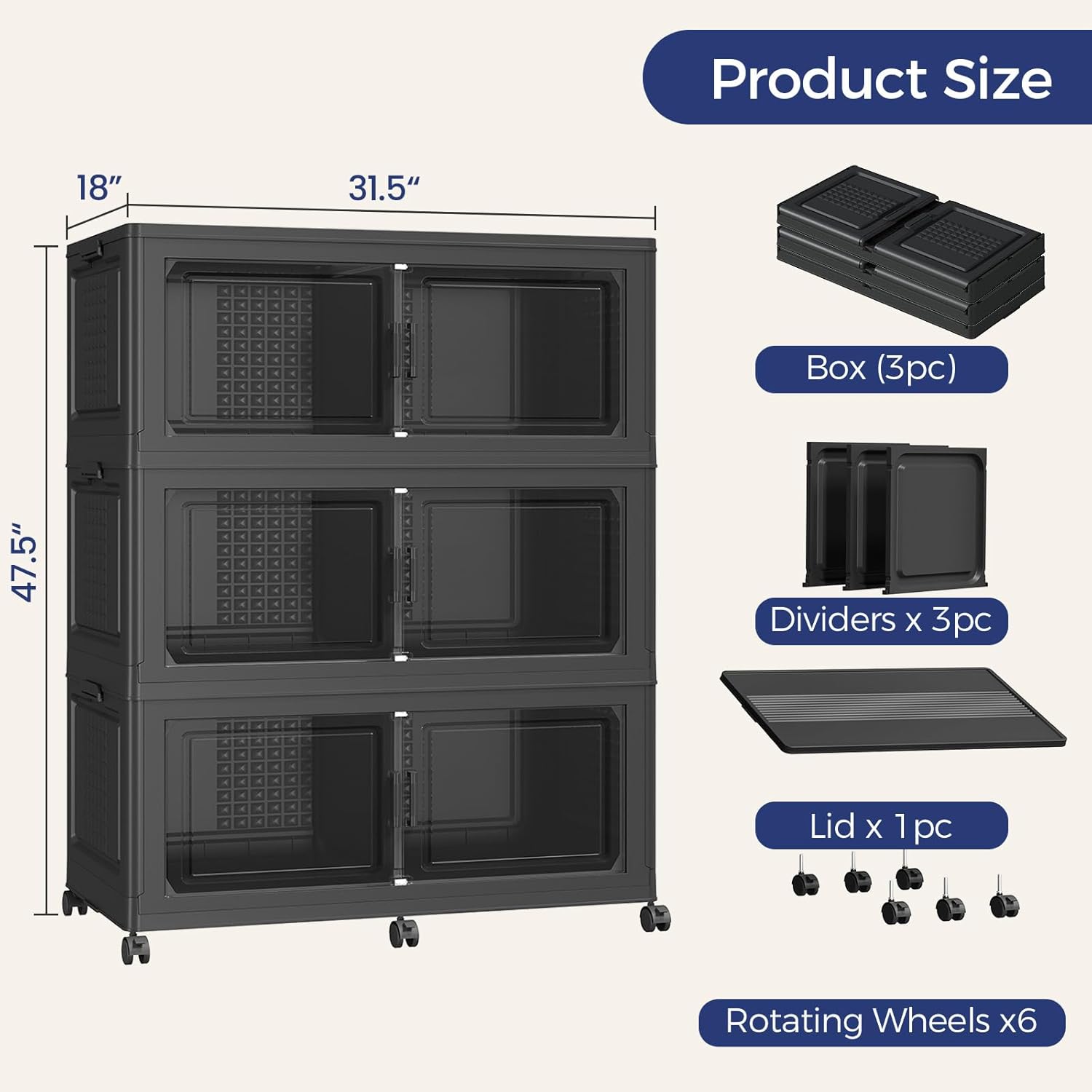 150GAL Extra Large Storage Bins with Lid, 600Qt Stackable Closet Organizers and Drawers, Collapsible Storage Bins with Wheels, Folding Storages Cabinet for Home Bedroom Office, 3Pack Black